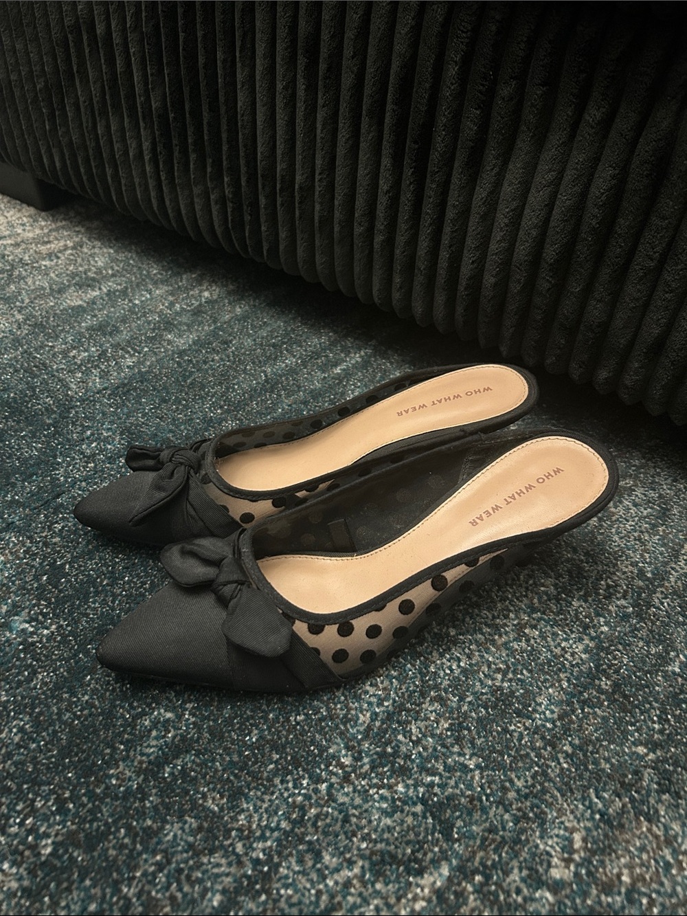 Who What Wear Black Polka Dot Mesh Bow Pointed Slip-On Mules